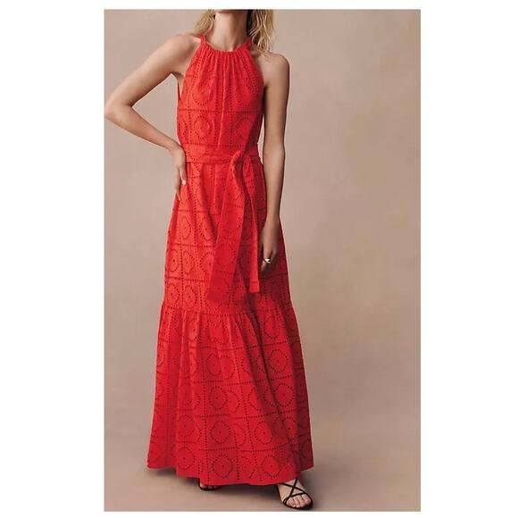 Ann Taylor Dresses & Skirts - Ann Taylor Halter Flare Eyelet Maxi Dress Red Orange Medium Cotton Spring Summer